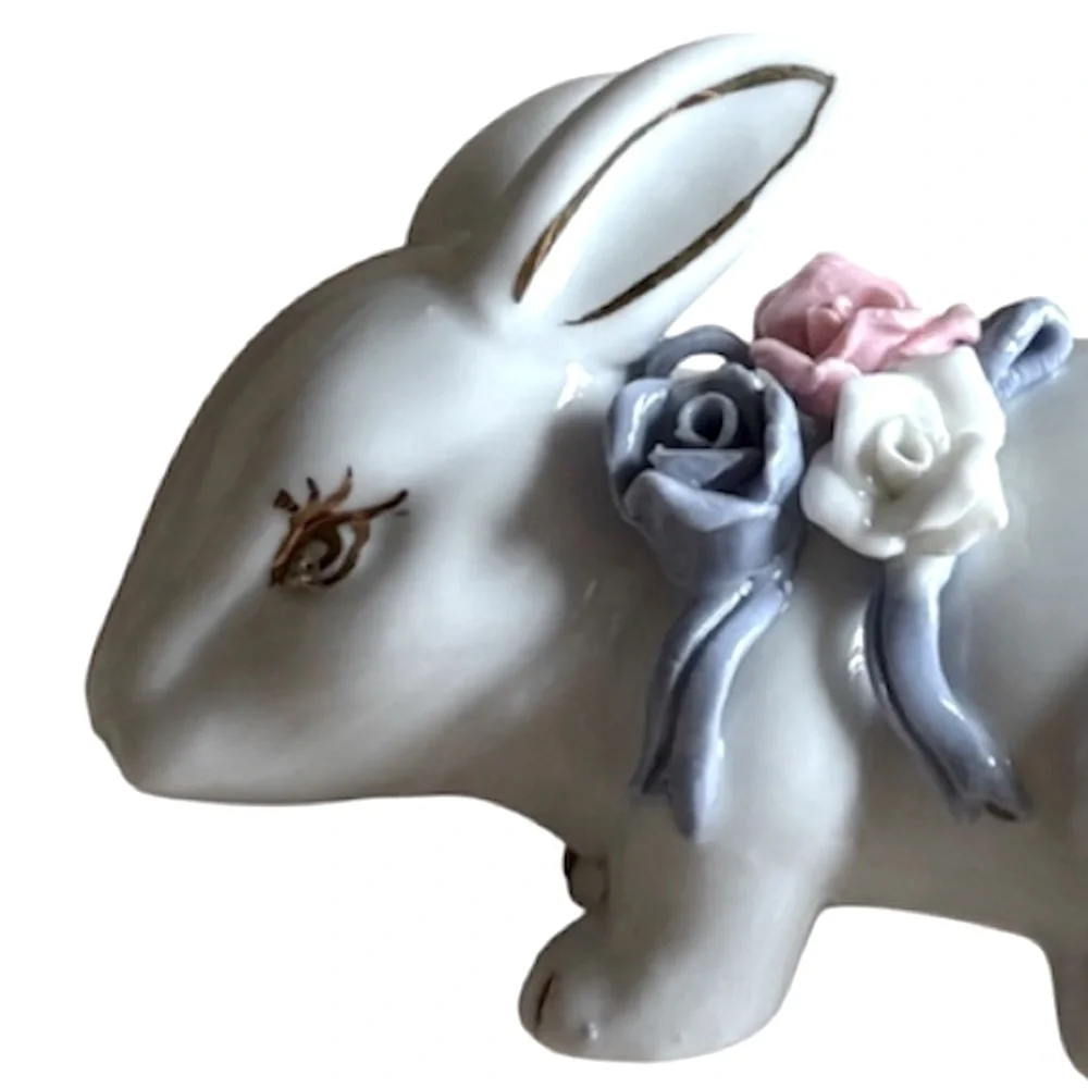 Vintage Porcelain Bunny Floral Rose Bow Cottage Core Farmhouse Mid Century White